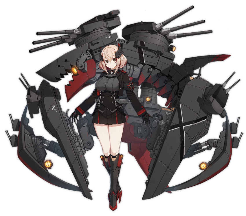 1girl armband azur_lane bangs black_footwear black_jacket black_skirt blonde_hair boots breasts brown_eyes buttons closed_mouth collared_shirt cropped_jacket dress_shirt full_body grey_shirt hair_between_eyes headgear high_heel_boots high_heels iron_cross jacket knee_boots large_breasts legs_crossed long_sleeves looking_at_viewer machinery miniskirt official_art open_clothes open_jacket pleated_skirt roon_(azur_lane) searchlight shirt short_hair simple_background skirt smile solo standing tachi-e terras transparent_background turret underbust watson_cross world_of_warships