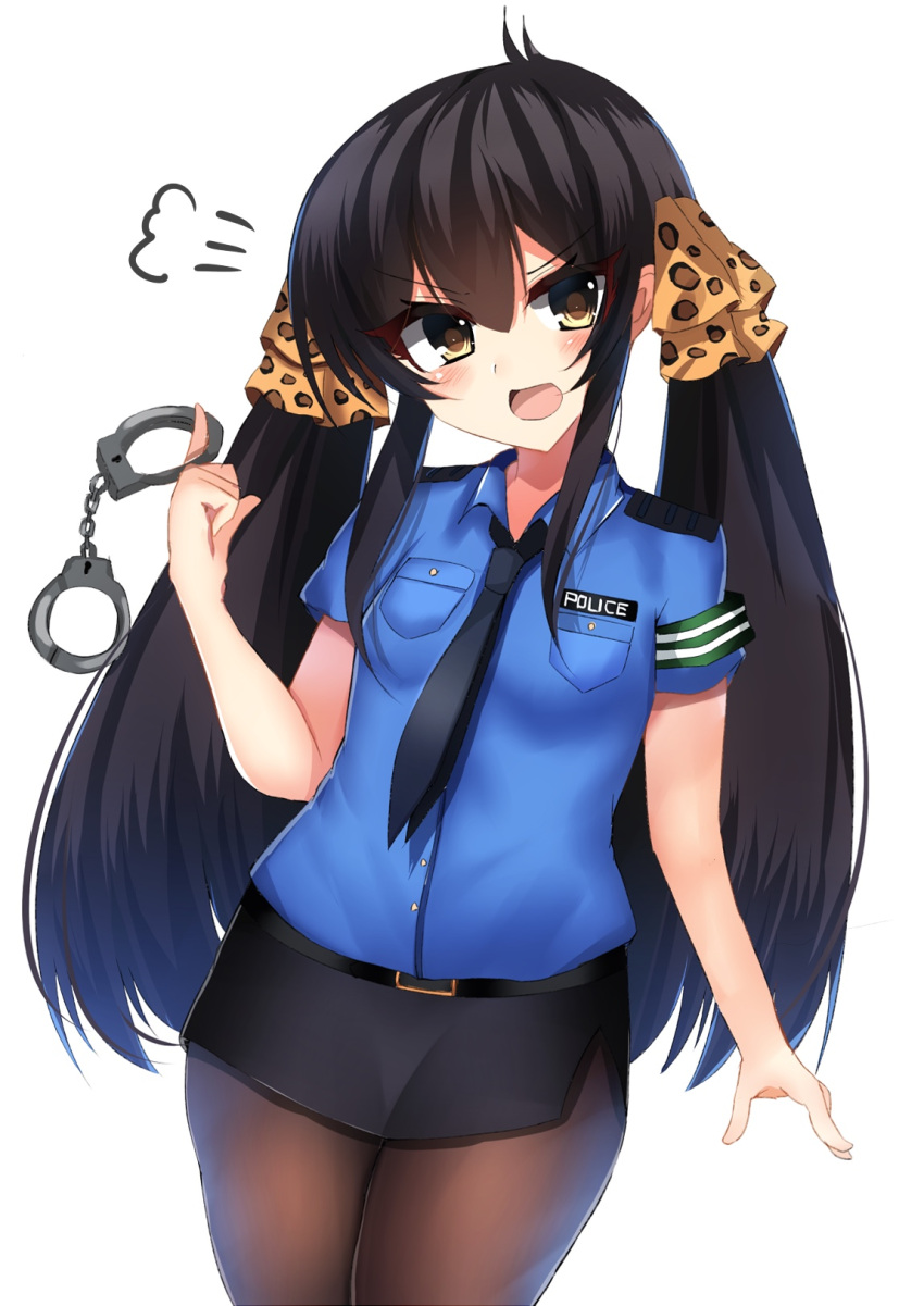 1girl :d animal_print armband bangs belt belt_buckle black_belt black_hair black_neckwear black_skirt blue_shirt blush breasts brown_eyes buckle collared_shirt commentary_request cowboy_shot cuffs eyebrows_visible_through_hair hair_ribbon handcuffs highres idolmaster idolmaster_cinderella_girls leopard_print long_hair looking_at_viewer matoba_risa miniskirt necktie open_mouth pantyhose pencil_skirt police police_uniform policewoman print_ribbon ribbon ricroot shirt short_sleeves sidelocks simple_background skirt small_breasts smile solo standing tsurime twintails uniform very_long_hair white_background