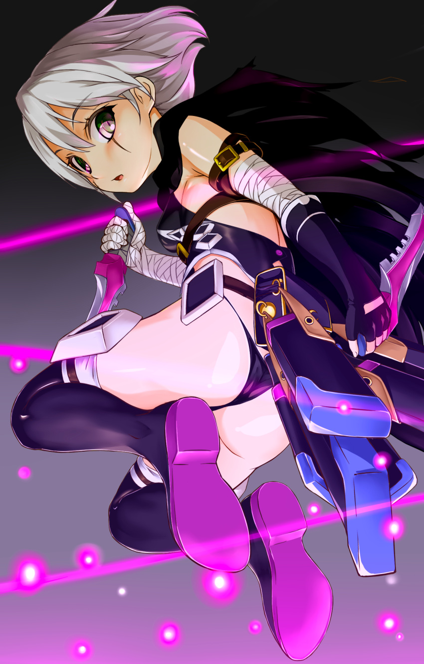 1girl arm_belt armpit_peek ass back_cutout bandage bandaged_arm belt_pouch black_background black_cape black_footwear black_gloves black_panties boots breasts buckle cape commentary_request crop_top dagger dual_wielding eyebrows_visible_through_hair eyelashes fate/apocrypha fate_(series) fingerless_gloves from_behind full_body gloves gradient gradient_background grey_background grey_eyes hair_between_eyes hand_up highres holding holding_dagger holding_weapon jack_the_ripper_(fate/apocrypha) light_beam light_particles looking_at_viewer midair midriff open_mouth panties scar sheath shiron_(e1na1e2lu2ne3ru3) short_hair small_breasts solo thigh-highs thigh_boots thighs thong tongue torn_cape underwear unsheathed weapon white_hair