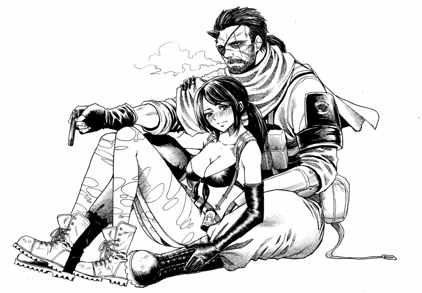 1boy 1girl arm_hug beard belt bikini blush boots breasts cigar cleavage elbow_gloves eyepatch facial_hair front-tie_bikini front-tie_top gloves horn metal_gear_(series) metal_gear_solid_v pantyhose ponytail prosthesis prosthetic_arm quiet_(metal_gear) scarf serious sitting sitting_on_person smoke swimsuit tm_akira0121 torn_clothes torn_pantyhose utility_belt venom_snake