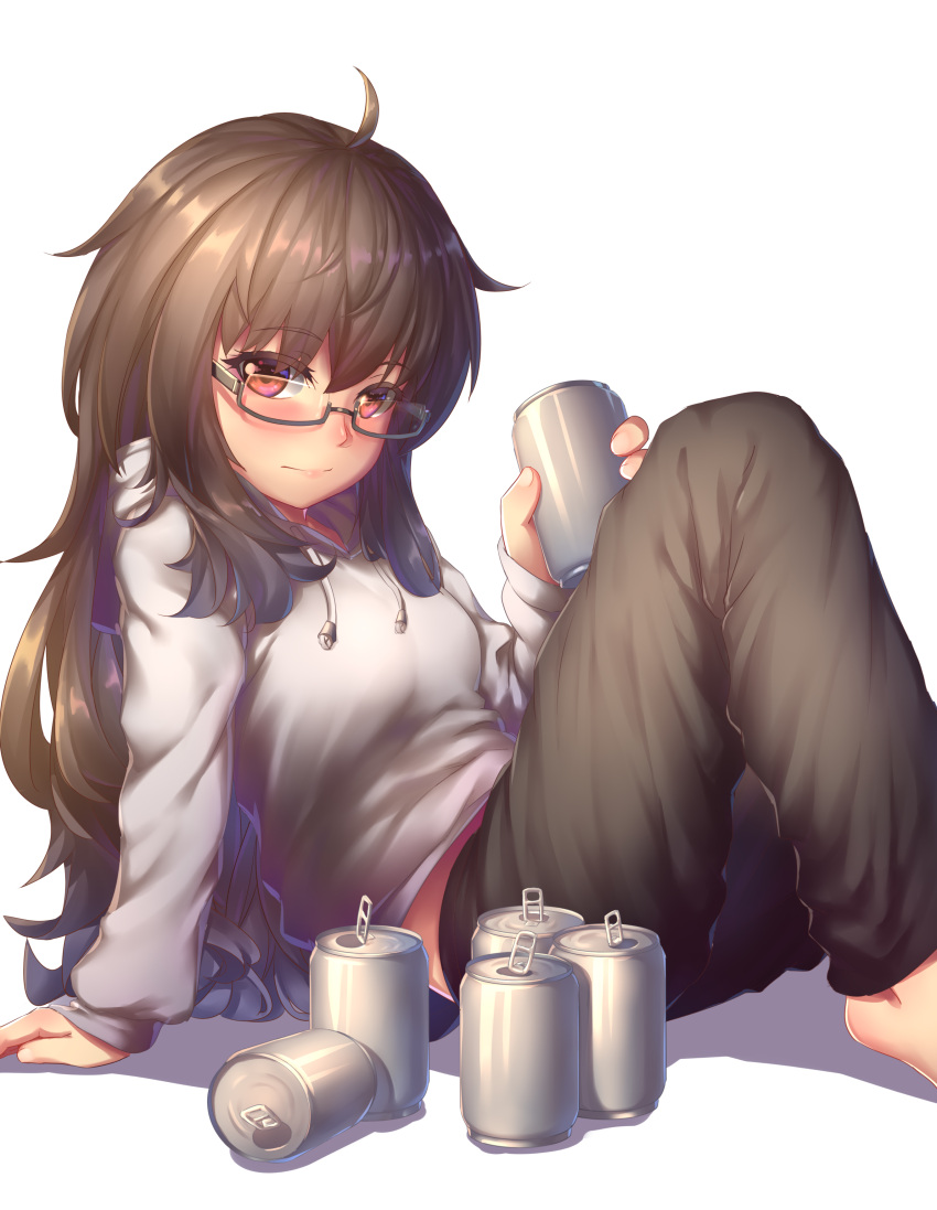 1girl absurdres ahoge arm_support bangs barefoot beer_can black_pants blush can closed_mouth drawstring drunk eyebrows_visible_through_hair feet_out_of_frame glasses grey_sweater highres holding holding_can leaning_back lips long_hair long_sleeves nose_blush original pants ray_(pixiv9514208) red_eyes semi-rimless_eyewear shiny shiny_hair sitting sleeves_past_wrists smile solo sweater under-rim_eyewear very_long_hair