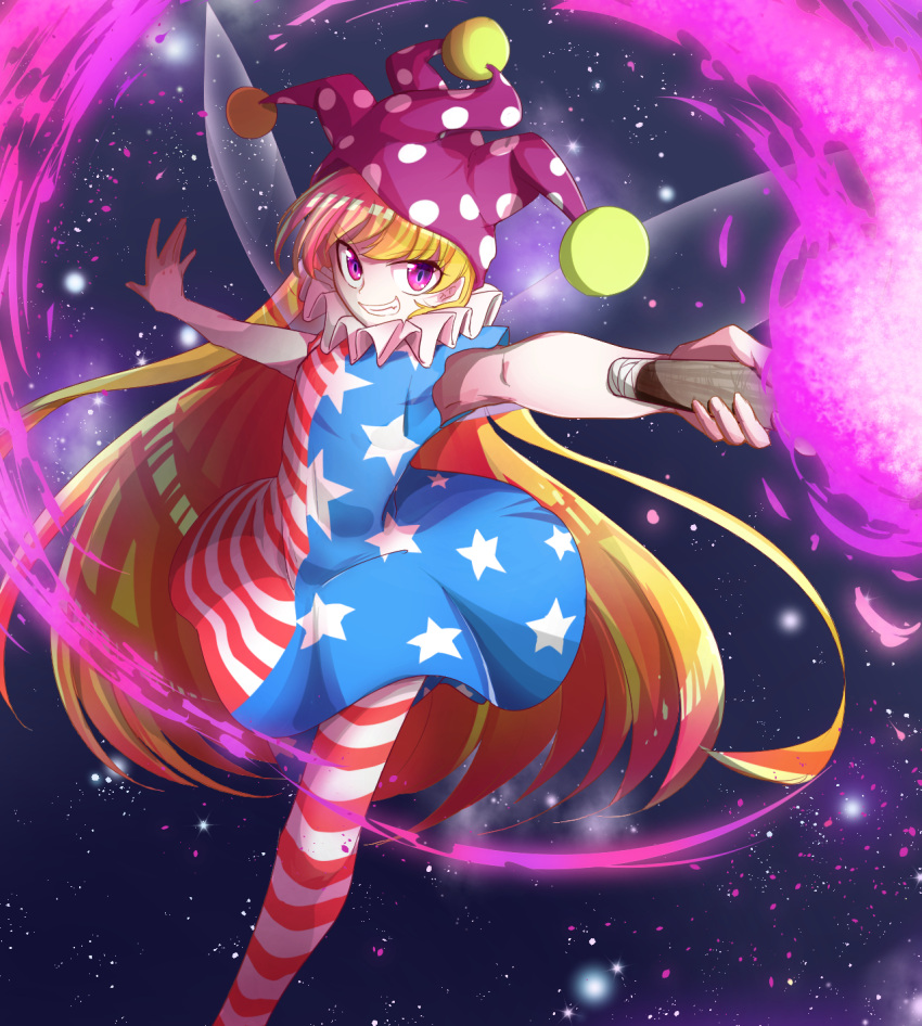 1girl alternate_legwear american_flag_dress american_flag_legwear artist_request blonde_hair clownpiece dress fairy fairy_wings frilled_shirt_collar frills hat highres jester_cap leggings long_hair neck_ruff pantyhose pink_eyes polka_dot print_legwear short_dress solo star star_print striped torch touhou very_long_hair wings