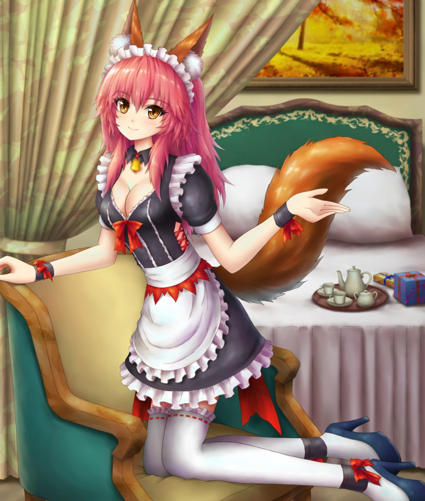 animal_ears bed blush breasts cleavage fate/grand_order fate_(series) fox_ears fox_tail gift high_heels highres jihadangel kneeling lace lace-trimmed_thighhighs long_hair maid maid_headdress medium_breasts neck_bell painting_(object) pink_hair smile tail tamamo_(fate)_(all) tamamo_no_mae_(fate) tea_set thigh-highs tray white_legwear wrist_cuffs yellow_eyes