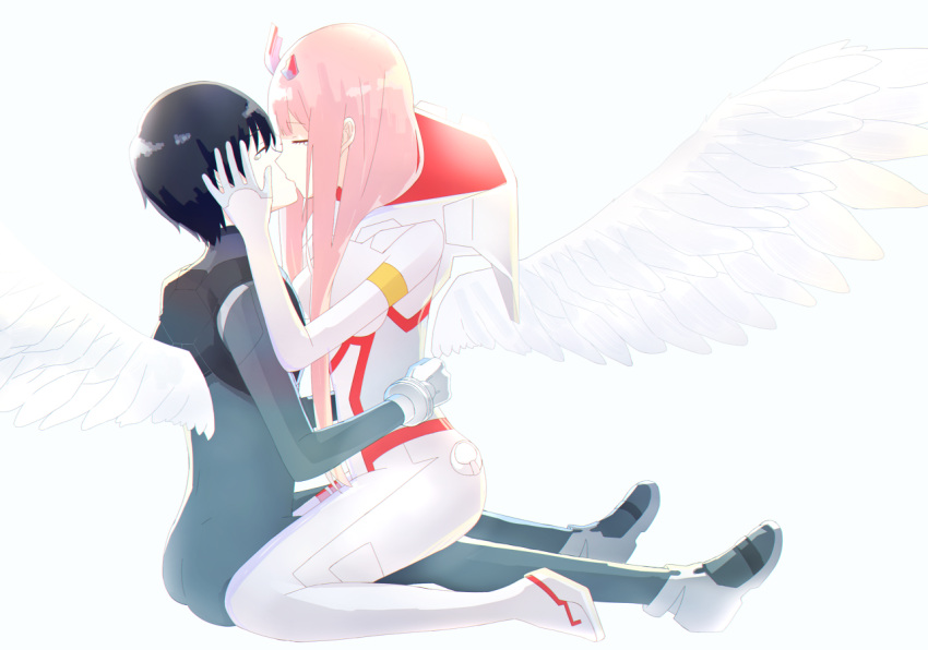 1boy 1girl black_hair closed_eyes couple crying darling_in_the_franxx face-to-face gloves hand_on_another's_face hiro_(darling_in_the_franxx) horns kiss long_hair nakodayo09 pilot_suit pink_hair short_hair wings zero_two_(darling_in_the_franxx)