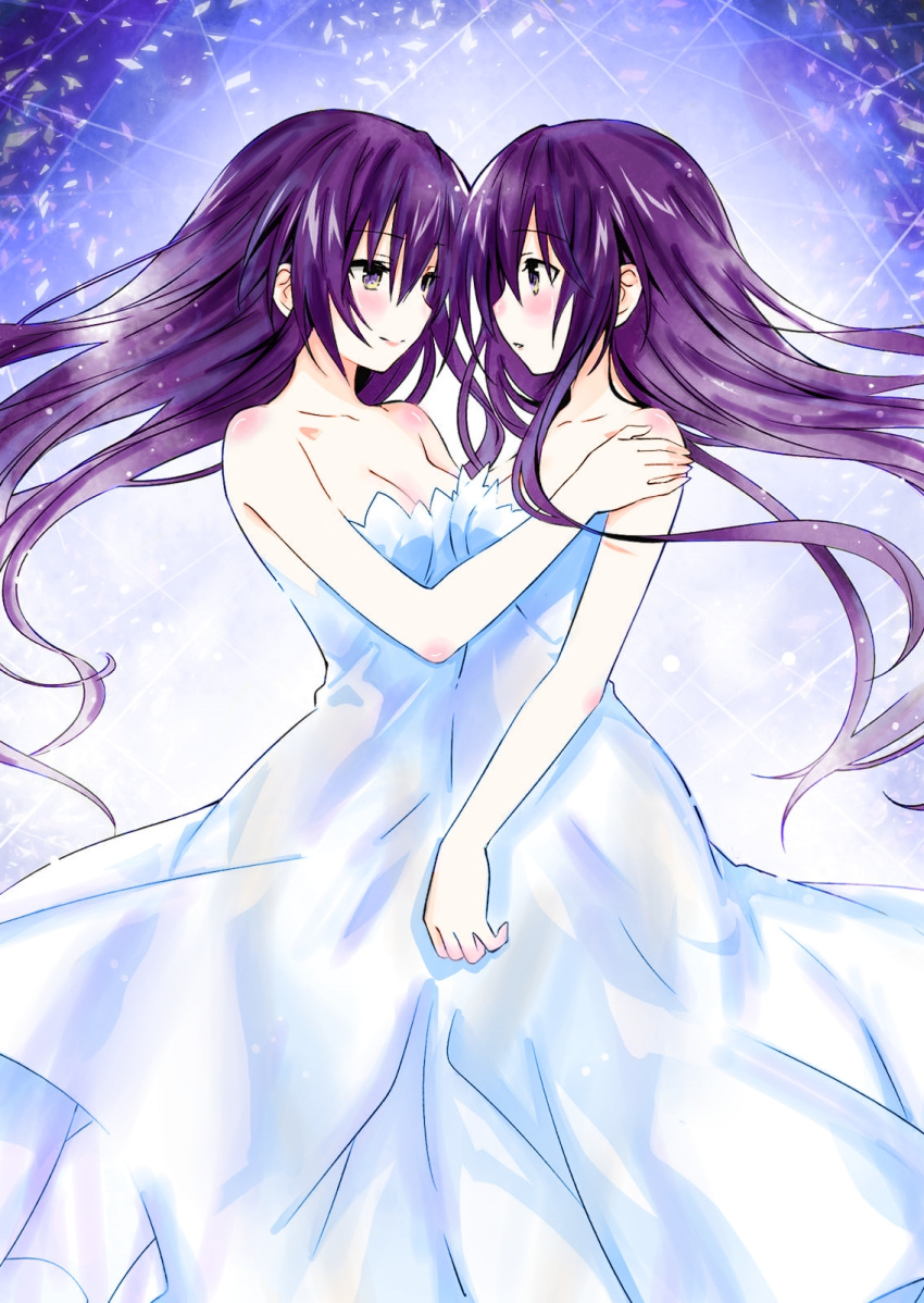 2girls breasts brown_eyes cleavage collarbone date_a_live dress eyebrows_visible_through_hair female floating_hair grey_background hair_between_eyes highres long_dress long_hair medium_breasts multiple_girls purple_hair selfcest sleeveless sleeveless_dress standing strapless strapless_dress tsunako very_long_hair white_dress yatogami_tooka yuri