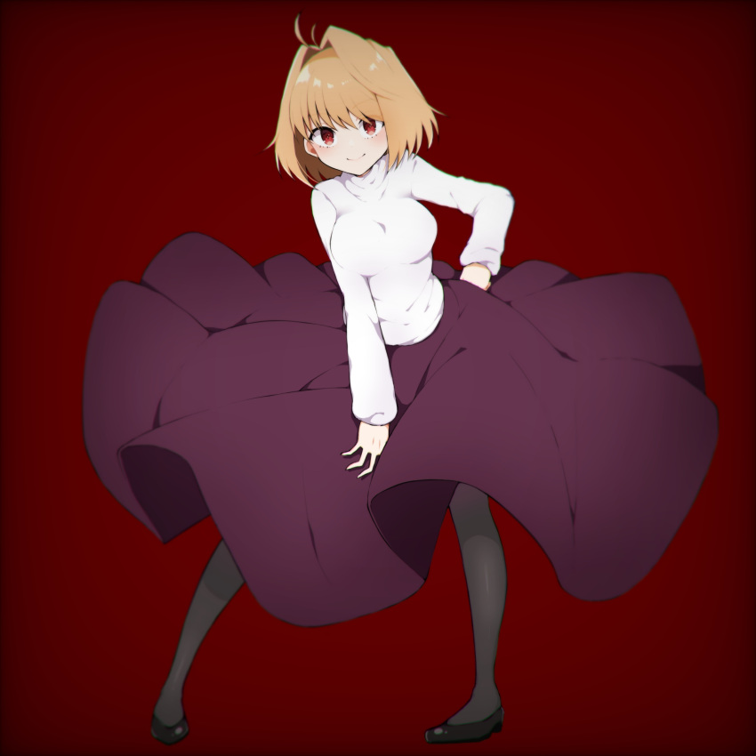 1girl arcueid_brunestud black_footwear black_legwear blonde_hair breasts full_body hair_intakes hand_on_hip highres large_breasts leaning_forward long_skirt purple_skirt red_background red_eyes shoes short_hair skirt solo standing sweater takae_(poupee_en_biscuit) tsukihime white_sweater wind wind_lift