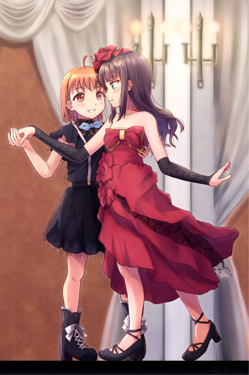 2girls ahoge b.ren black_hair blush boots bow bowtie candle commentary_request cross-laced_footwear curtains dress eyebrows_visible_through_hair flower formal green_eyes hair_flower hair_ornament hand_holding hand_on_another's_hip high_heel_boots high_heels highres kurosawa_dia long_hair love_live! love_live!_sunshine!! multiple_girls off-shoulder_dress off_shoulder orange_hair red_eyes short_hair skirt suspender_skirt suspenders takami_chika wavy_hair