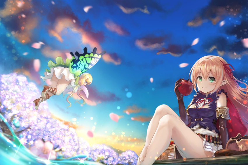 2girls absurdres apple arisa_(shadowverse) bangs bare_legs barefoot black_shirt blonde_hair blue_eyes blue_sky blurry blurry_foreground blush boots_removed brown_footwear brown_gloves cherry_blossoms clouds commentary_request day depth_of_field dress elbow_gloves eyebrows_visible_through_hair fairy fairy_wings flower food fruit gloves green_eyes hair_between_eyes hair_ribbon high_heels highres holding holding_food long_hair low_twintails multiple_girls outdoors petals pleated_skirt purple_flower red_apple red_ribbon ribbon shadowverse shirt sidelocks skirt sky sleeveless sleeveless_shirt spring_(season) toenails tree twintails very_long_hair water white_dress white_skirt wings yuririn_poi