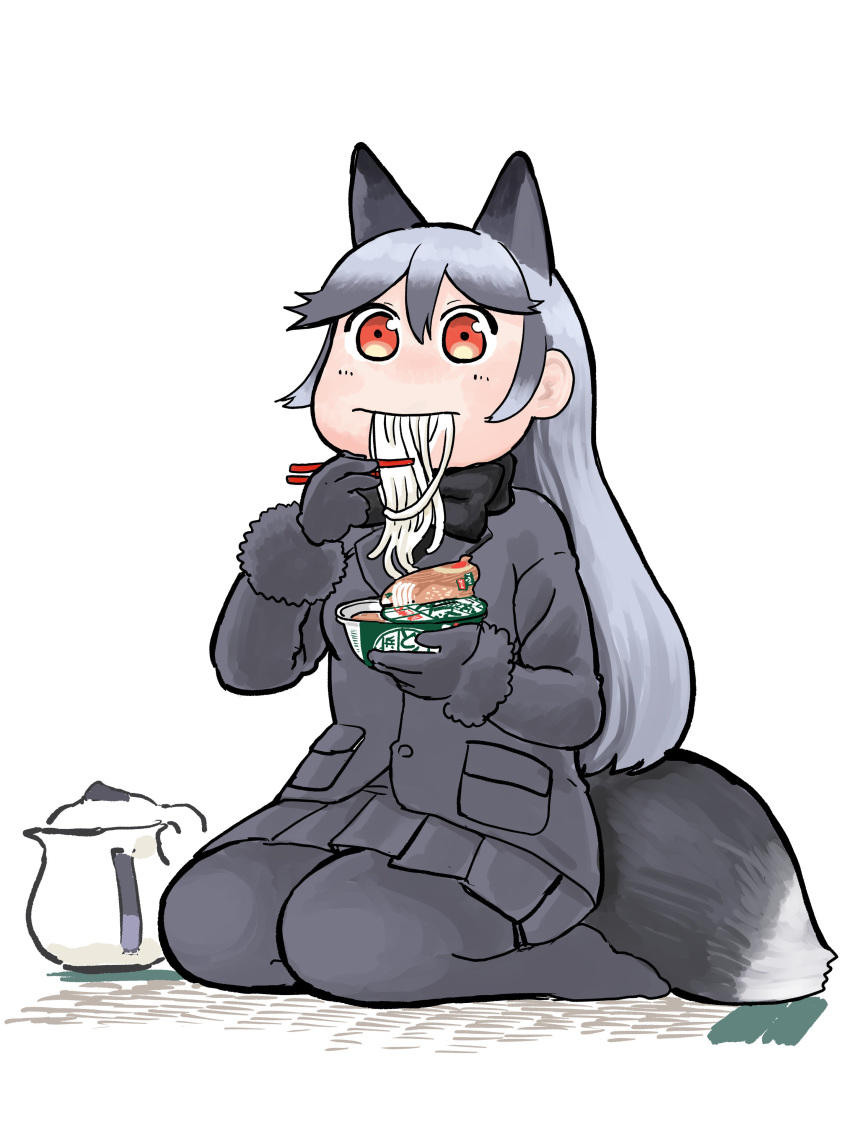 1girl absurdres animal_ears black_coat black_hair black_legwear black_neckwear black_skirt bow bowtie chopsticks donbee_(food) eating food fox_ears fox_tail fur_trim hair_between_eyes hare_(tetterutei) highres kemono_friends long_sleeves no_nose noodles pantyhose pleated_skirt red_eyes silver_fox_(kemono_friends) silver_hair skirt solo tail