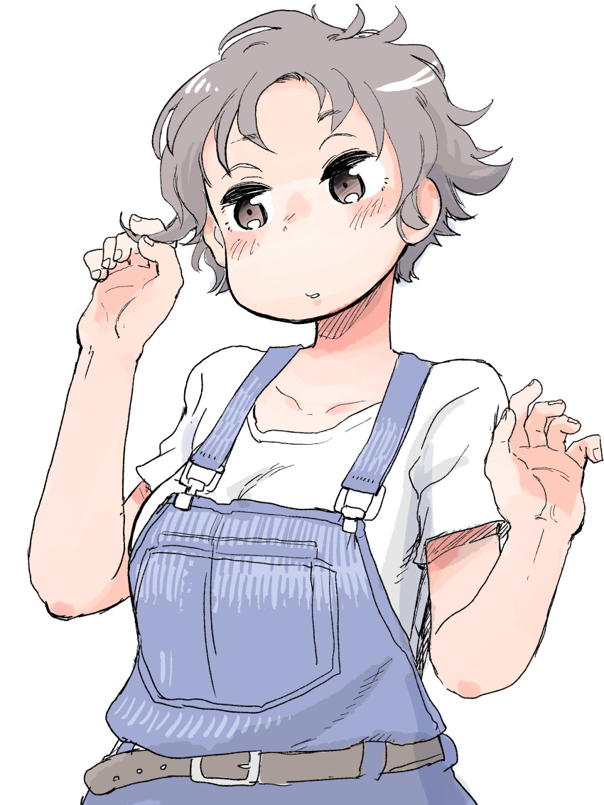 1girl absurdres belt blush breasts brown_eyes eyebrows_visible_through_hair fingernails grey_hair hands_up hare_(tetterutei) highres large_breasts original overalls parted_lips shirt short_hair short_sleeves simple_background solo upper_body white_background white_shirt