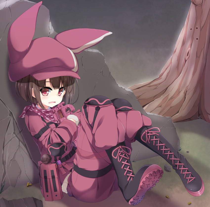 1girl absurdres animal_ears animal_hat bandanna black_footwear boots brown_hair bullpup bunny_hat commentary_request cross-laced_footwear fur-trimmed_gloves fur_trim gloves gun hat highres jacket lace-up_boots llenn_(sao) looking_at_viewer p-chan_(p-90) p90 pants pink_bandana pink_gloves pink_hat pink_jacket pink_pants rabbit_ears red_eyes shell_casing shirasu_youichi sitting solo submachine_gun sweatdrop sword_art_online sword_art_online_alternative:_gun_gale_online tree weapon