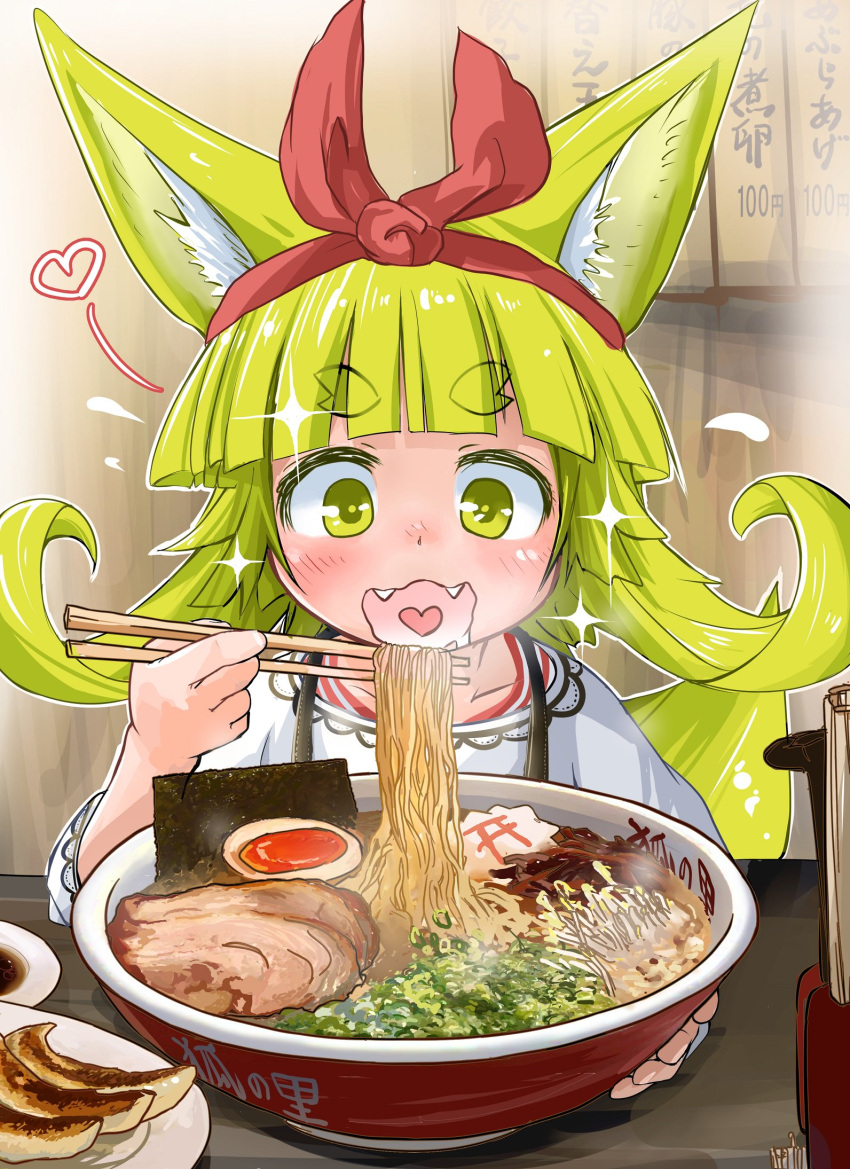 1girl :d alternate_hair_ornament animal_ears bangs blonde_hair blunt_bangs blush bow bowl chives chopsticks commentary_request desk doitsuken dress dumpling egg eyebrows_visible_through_hair fangs flying_sweatdrops food food_request fox_child_(doitsuken) fox_ears hair_bow hairband heart heart_in_mouth highres holding holding_chopsticks jiaozi long_sleeves looking_down meat noodles open_mouth original plate ramen seaweed short_eyebrows short_hair sitting smile solo thick_eyebrows white_dress yellow_eyes