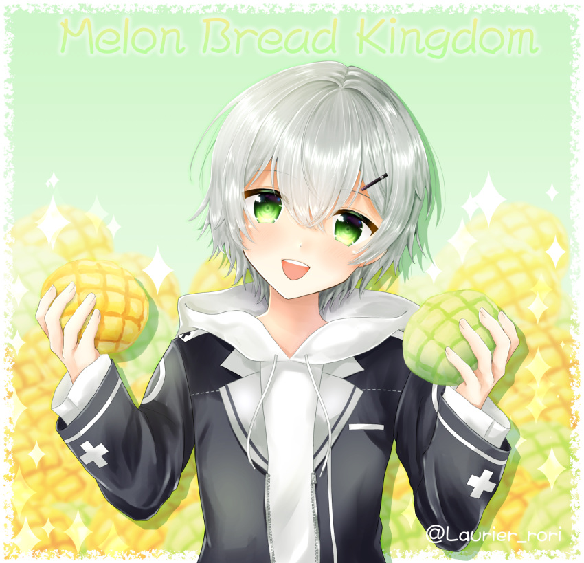 1girl blush bread eyebrows_visible_through_hair food game_club_project green_eyes grey_hair hair_ornament hairclip highres holding holding_food kazami_ryou looking_at_viewer melon_bread open_mouth rori_(tukiguri) short_hair smile solo twitter_username upper_body virtual_youtuber