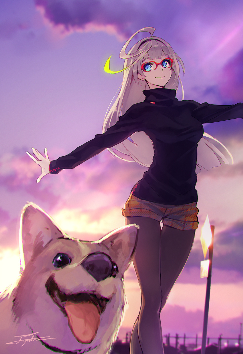 1girl black_hairband black_sweater blue_eyes brown_hair brown_legwear brown_shorts clouds cloudy_sky day dog floating_hair from_below fuyuno_yuuki glasses hairband highres long_hair looking_at_viewer original outdoors outstretched_arms pantyhose red-framed_eyewear short_shorts shorts signature sky smile standing sweater very_long_hair