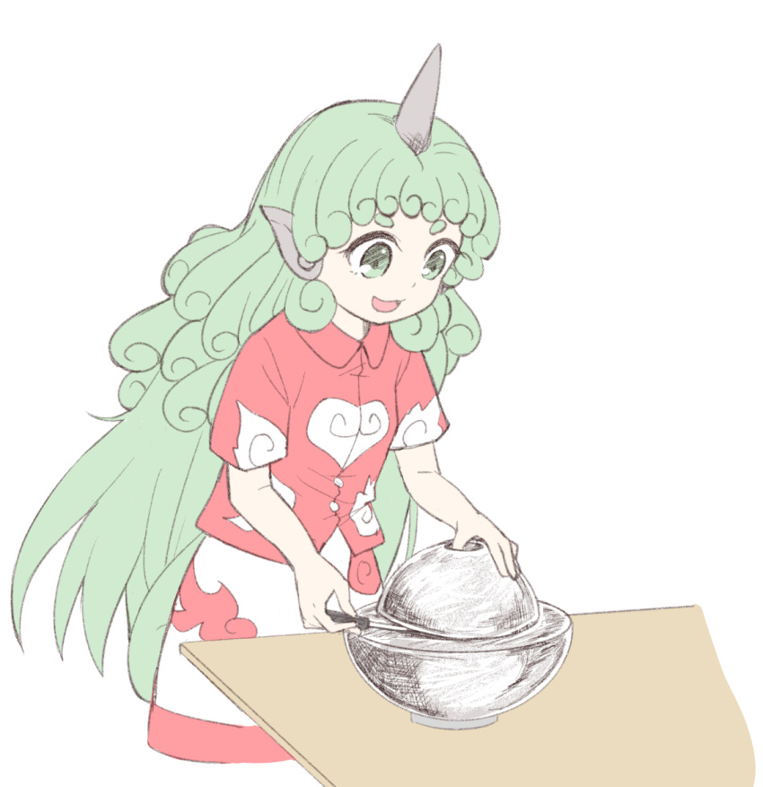 1girl :d bare_arms buttons cloud_print collar collared_shirt commentary_request curly_hair demon_core green_eyes green_hair horn kariyushi_shirt komano_aun long_hair nibi nuclear_bomb open_mouth red_shirt screwdriver shirt short_sleeves shorts smile solo table thick_eyebrows touhou white_shorts