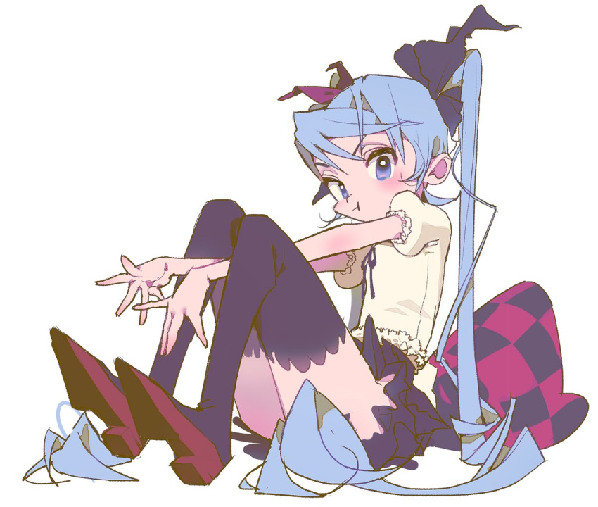 &gt;:t 1girl annoyed blouse blue_eyes blue_hair checkered_pillow hair_ribbon hatsune_miku high_heels inhye long_hair looking_at_viewer pout puffy_cheeks ribbon sitting skirt solo thigh-highs twintails very_long_hair vocaloid world_is_mine_(vocaloid) zettai_ryouiki