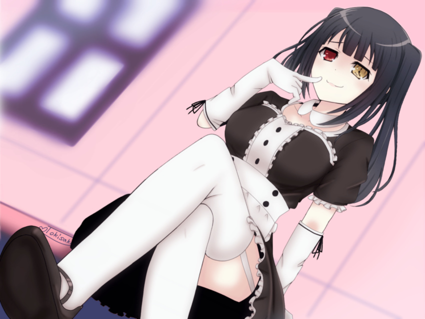 1girl black_hair breasts clock_eyes commentary_request date_a_live garter_straps gloves heterochromia highres large_breasts legs_crossed looking_at_viewer maid sitting smile solo symbol-shaped_pupils tokisaki_kurumi tokisakijp twintails white_gloves white_legwear yellow_eyes