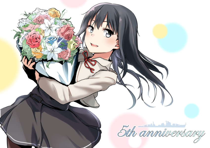 1girl :d anniversary asashio_(kantai_collection) bangs belt belt_buckle black_dress black_hair black_legwear blue_eyes blue_flower blue_rose blush bouquet buckle cowboy_shot dress flower holding holding_bouquet jacket kantai_collection leaf long_hair long_sleeves looking_at_viewer neck_ribbon open_mouth pantyhose pink_flower pink_rose rakisuto red_flower red_ribbon red_rose ribbon rose round_teeth smile solo standing teeth white_flower white_jacket white_rose yellow_flower yellow_rose