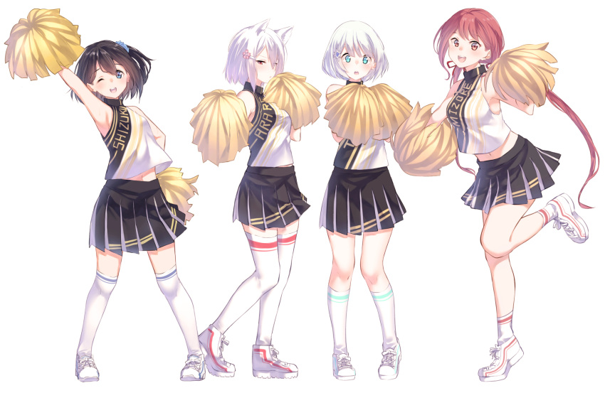 4girls :d ;d amano_mizore amano_tsurara animal_ears bangs bare_shoulders black_hair black_skirt blue_eyes blue_scrunchie blush breasts character_name cheerleader clothes_writing commentary_request eyebrows_visible_through_hair fox_ears hair_between_eyes hair_ornament hair_ribbon hair_scrunchie hairclip hand_up hands_up highres holding kneehighs long_hair looking_at_viewer low_twintails medium_breasts midriff multiple_girls navel one_eye_closed one_side_up open_mouth original over-kneehighs pigeon-toed pleated_skirt pom_poms red_eyes red_ribbon redhead ribbon scrunchie shirt shoes short_hair silver_hair simple_background skirt sleeveless sleeveless_shirt smile sneakers socks standing standing_on_one_leg suzunari_arare suzunari_shizuku thigh-highs twintails upper_teeth very_long_hair white_background white_footwear white_hair white_legwear yuki_arare