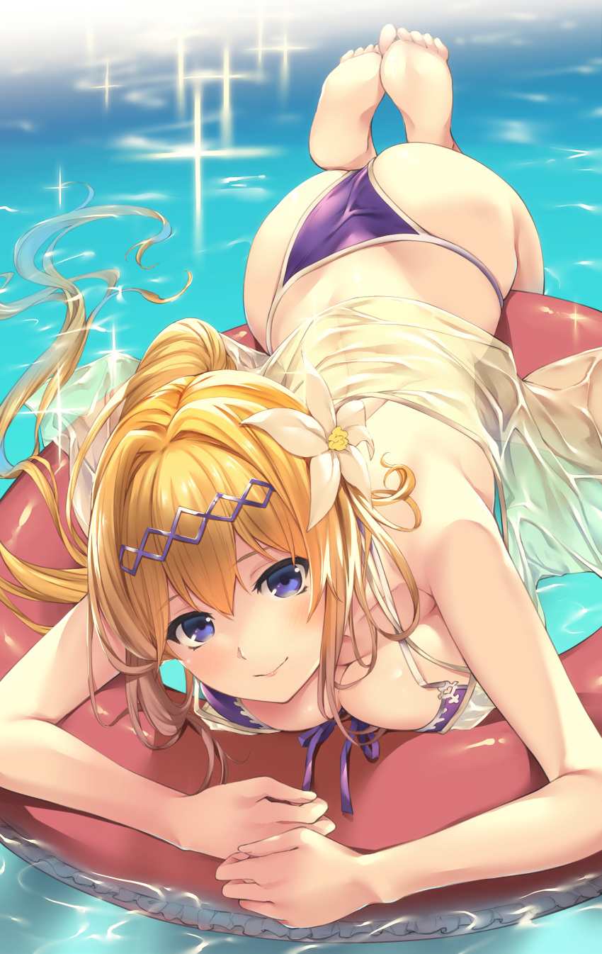 1girl absurdres afloat akanagi_youto ass back bangs bare_shoulders barefoot bikini blush breast_press breasts cleavage closed_mouth collarbone day eyebrows_visible_through_hair feet_up flower foreshortening front-tie_bikini front-tie_top granblue_fantasy hair_flower hair_ornament hairband head_tilt high_ponytail highres innertube jeanne_d'arc_(granblue_fantasy) large_breasts lips long_hair looking_at_viewer outdoors ponytail purple_bikini purple_hairband purple_ribbon ribbon see-through shiny shiny_hair smile soles solo sparkle swimsuit very_long_hair water