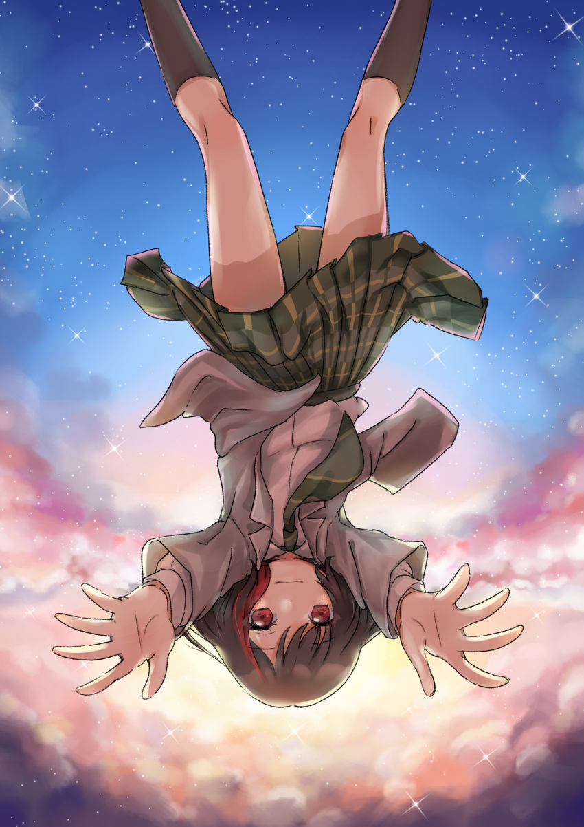 1girl absurdres afterglow_(bang_dream!) asu_no_yozora_shoukaihan_(vocaloid) bang_dream! black_hair clouds highres mitake_ran multicolored_hair necktie outstretched_arms plaid red_eyes redhead riakosan short_hair sky solo star_(sky) starry_sky sunset two-tone_hair upside-down