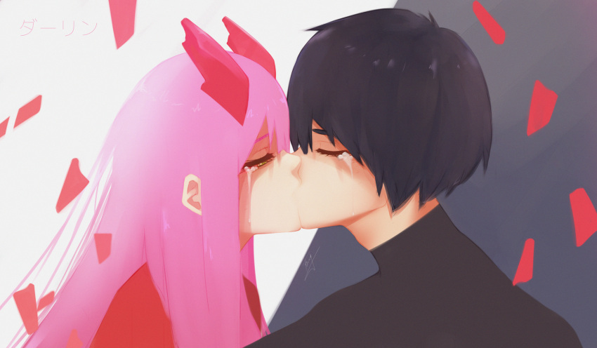 1boy 1girl black_hair black_shirt closed_eyes couple crying darling_in_the_franxx face-to-face hddraw highres hiro_(darling_in_the_franxx) horns kiss pink_hair shirt zero_two_(darling_in_the_franxx)
