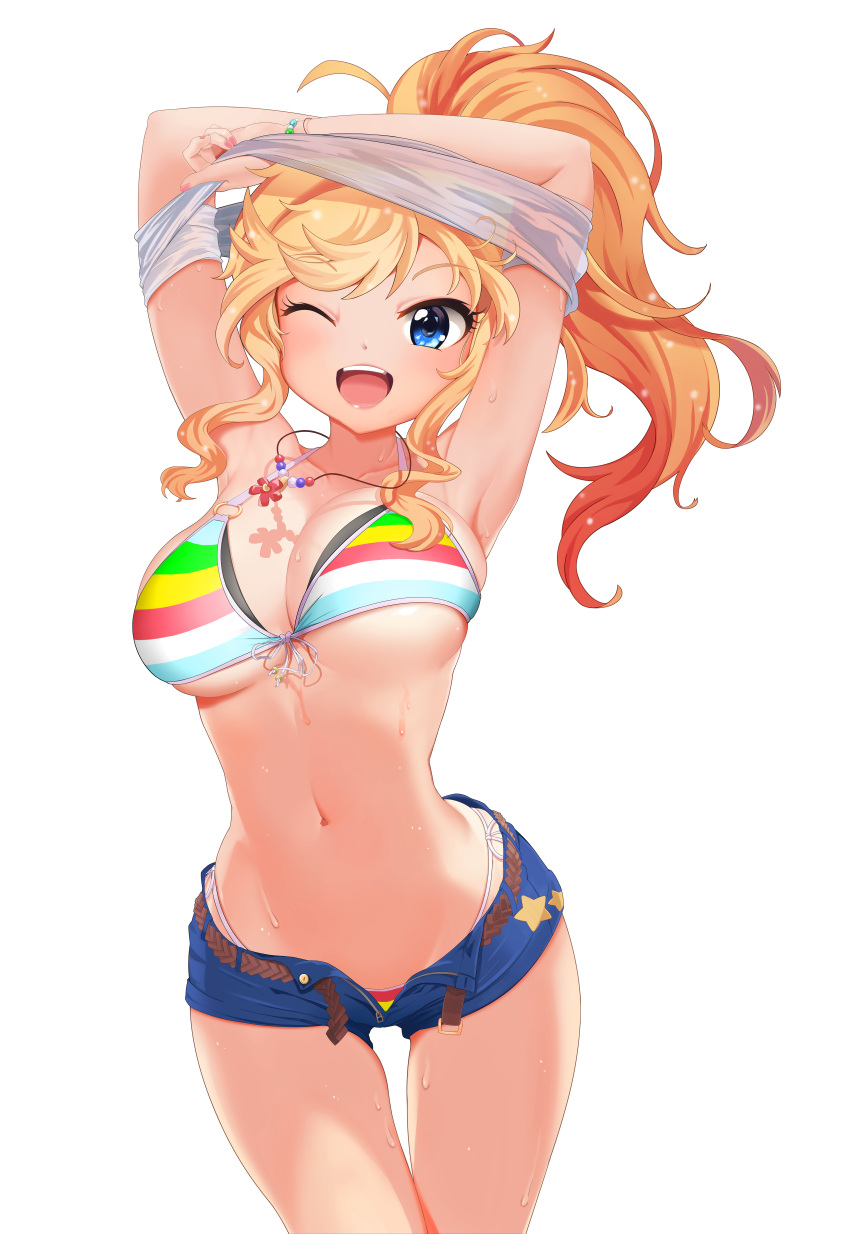 1girl ;d absurdres armpits arms_up belt bikini bikini_under_clothes blonde_hair blue_eyes blush breasts cleavage collarbone front-tie_bikini front-tie_top highres hpb8642 idolmaster idolmaster_cinderella_girls jewelry large_breasts lips long_hair looking_at_viewer navel necklace one_eye_closed ootsuki_yui open_fly open_mouth ponytail shirt short_shorts shorts side-tie_bikini simple_background smile solo striped striped_bikini swimsuit teeth thigh_gap unaligned_breasts undressing upper_teeth wavy_hair wet white_background white_shirt