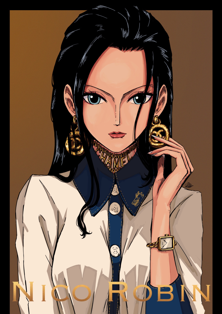 1girl absurdres black_border black_hair blue_eyes border breasts chanel character_name collar collared_shirt earrings face fashion fingernails gold_earrings highres jewelry large_breasts lips lipstick long_fingernails long_hair makeup neckless nico_robin one_piece sherumaru_(korcht06) shirt simple_background solo