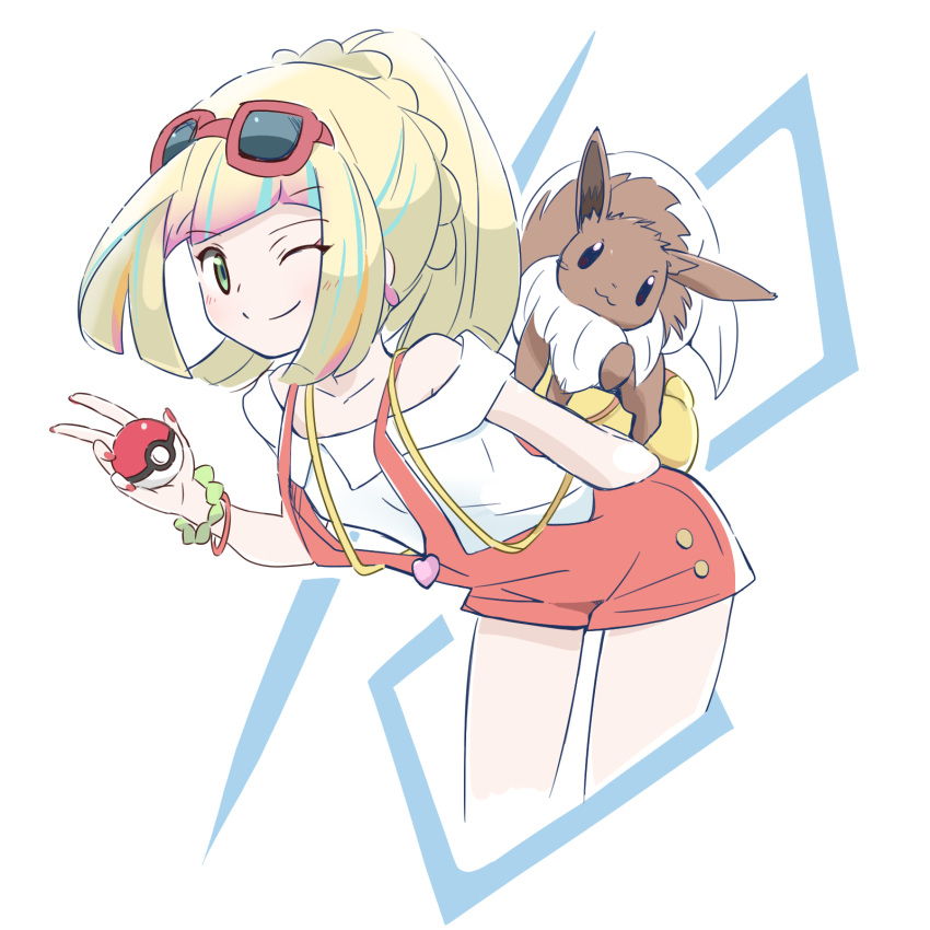 1girl blonde_hair bracelet cosplay earrings eevee eyewear_on_head gekijouban_pokemon:_minna_no_monogatari gen_1_pokemon green_eyes highres holding holding_poke_ball jewelry leaning_forward lillie_(pokemon) long_hair multicolored_hair nagitaro nail_polish one_eye_closed overall_shorts poke_ball pokemon pokemon:_minna_no_monogatari pokemon_(anime) pokemon_(creature) pokemon_sm_(anime) ponytail risa_(pokemon) risa_(pokemon)_(cosplay) shirt smile sunglasses white_shirt