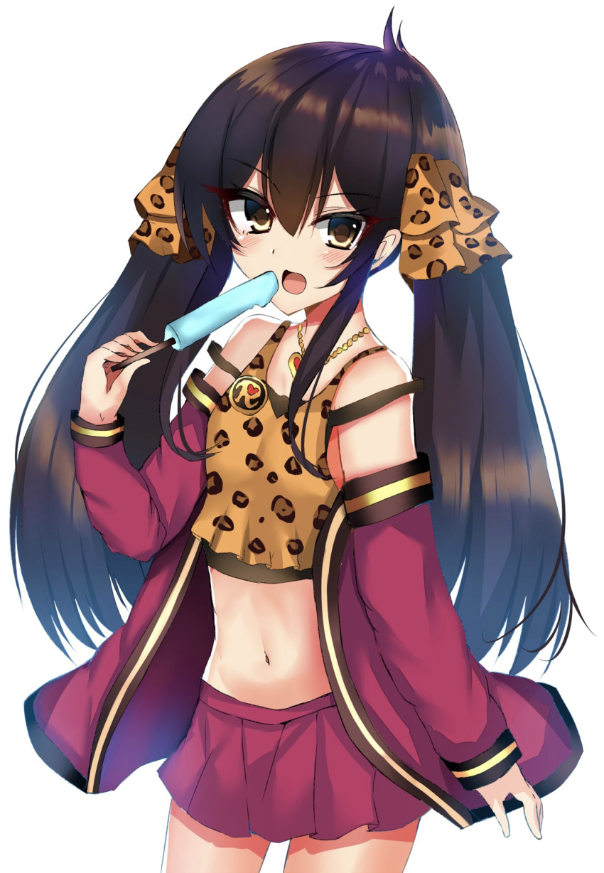 1girl animal_print bangs bare_shoulders black_hair blush brown_camisole brown_eyes camisole cowboy_shot eyebrows_visible_through_hair food hair_between_eyes hair_ribbon heart heart_necklace highres holding holding_food idolmaster idolmaster_cinderella_girls jacket leopard_print long_hair long_sleeves looking_at_viewer matoba_risa midriff navel open_mouth pink_jacket pink_skirt pleated_skirt popsicle print_camisole print_ribbon ribbon ricroot simple_background skirt solo twintails very_long_hair white_background