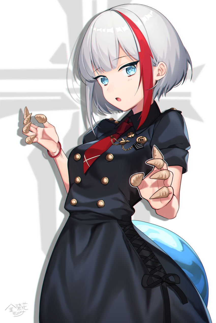 1girl admiral_graf_spee_(azur_lane) azur_lane bangs black_dress blue_eyes blush breasts bugles commentary_request dress eyebrows_visible_through_hair food_on_finger highres kinsenka_momi looking_at_viewer medium_breasts multicolored_hair necktie open_mouth puffy_short_sleeves puffy_sleeves red_neckwear redhead short_sleeves signature silver_hair snack solo streaked_hair