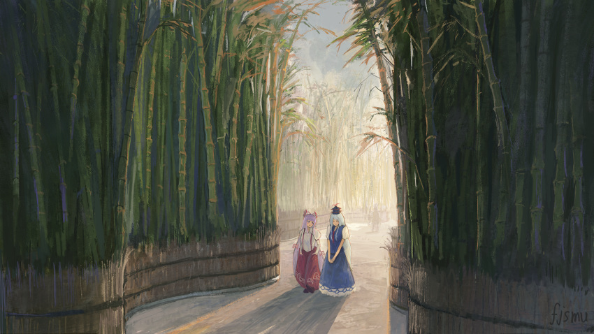2girls artist_name bamboo bamboo_forest black_hair blue_dress blue_hat bow closed_eyes collared_shirt day dress fence fjsmu forest fujiwara_no_mokou hair_bow hands_in_pockets hat highres juliet_sleeves kamishirasawa_keine long_hair long_sleeves multiple_girls nature outdoors pants pink_hair puffy_pants puffy_short_sleeves puffy_sleeves red_pants scenery shadow shirt short_sleeves skirt sunlight suspender_skirt suspenders touhou very_long_hair walking white_bow white_shirt
