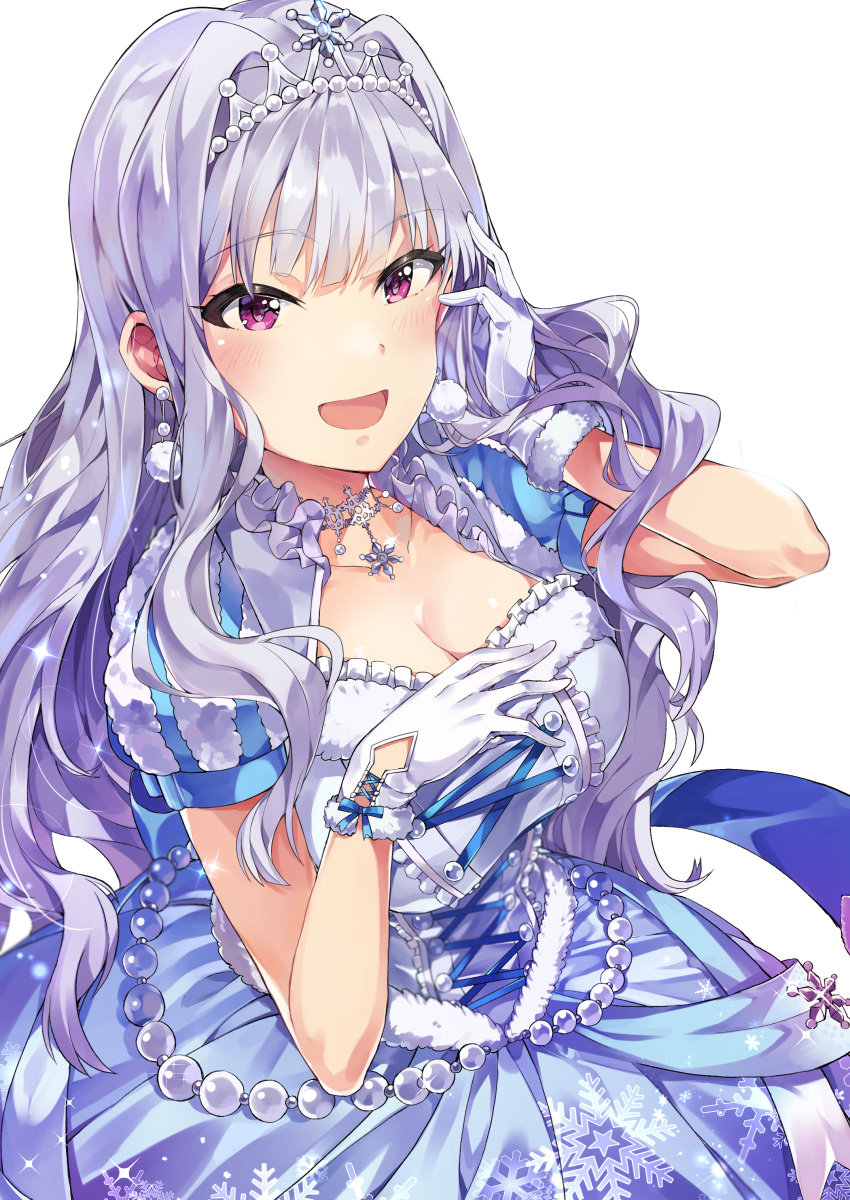 1girl :d absurdres blue_dress breasts cleavage crown dress earrings eyebrows_visible_through_hair gloves hair_intakes hand_up highres idolmaster idolmaster_million_live! idolmaster_million_live!_theater_days jewelry large_breasts lavender_hair looking_at_viewer necklace open_mouth pink_eyes pom_pom_earrings puffy_short_sleeves puffy_sleeves shijou_takane short_sleeves simple_background smile solo tuxedo_de_cat upper_body white_background white_gloves