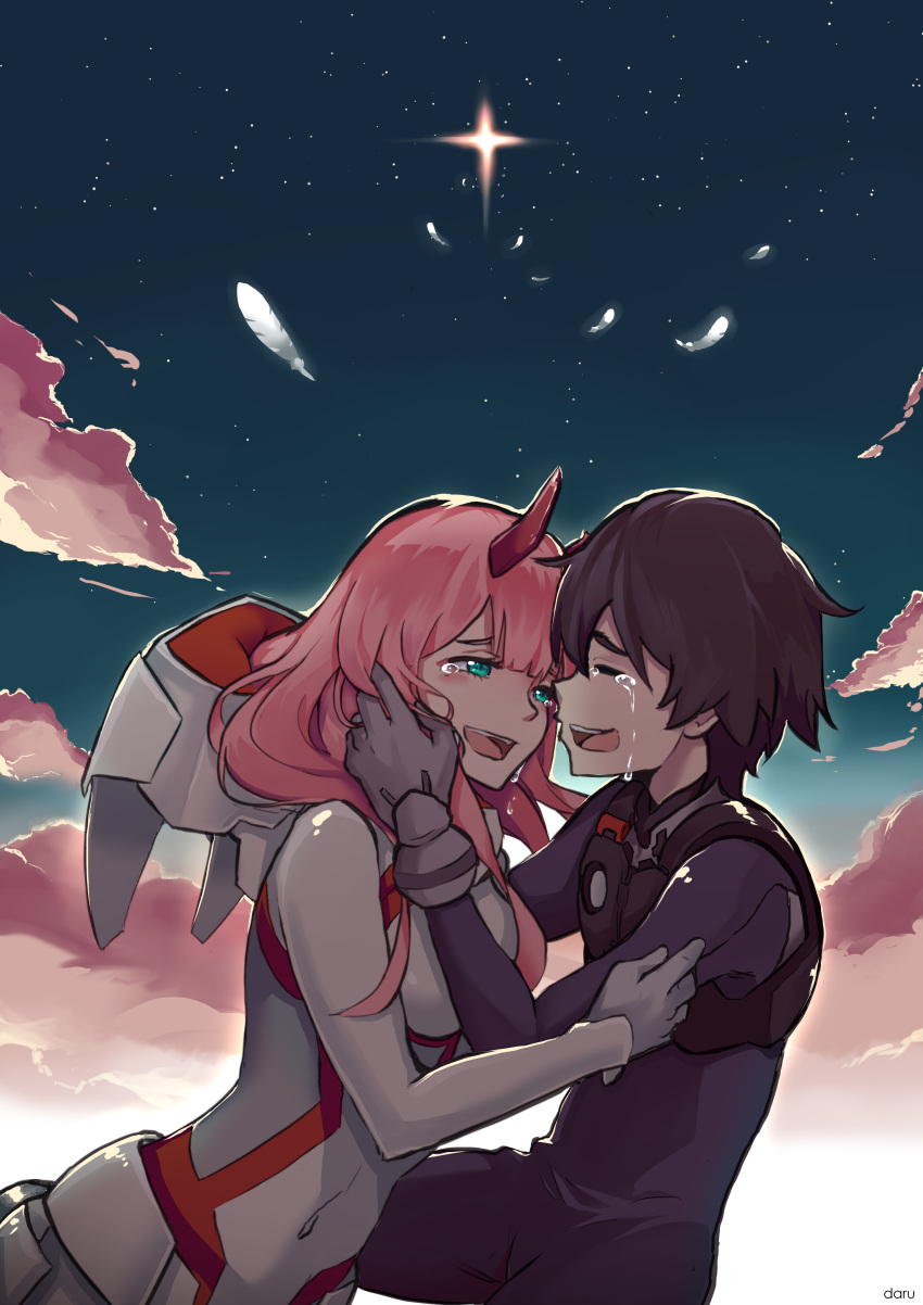 1boy 1girl absurdres black_hair closed_eyes clouds couple crying crying_with_eyes_open darling_in_the_franxx daruartworks face-to-face feathers green_eyes highres hiro_(darling_in_the_franxx) horns hug long_hair looking_at_another night night_sky pilot_suit pink_hair short_hair sky star_(sky) starry_sky tears zero_two_(darling_in_the_franxx)