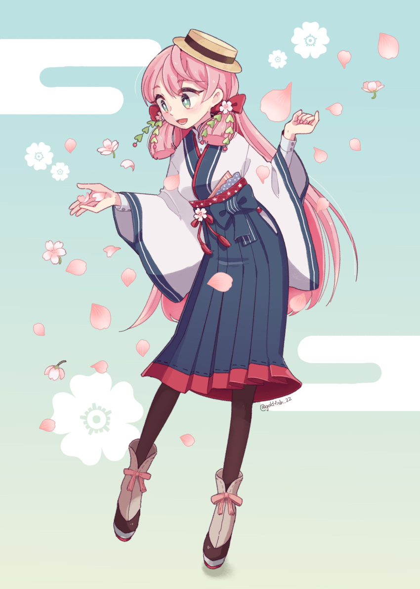 1girl :d absurdres akashi_(kantai_collection) alternate_costume blue_background cherry_blossoms commentary_request floral_background flower full_body goldfish_22 green_eyes hair_flower hair_ornament hakama_skirt hat highres kantai_collection long_hair long_sleeves open_mouth pantyhose pink_hair smile solo twitter_username very_long_hair wide_sleeves