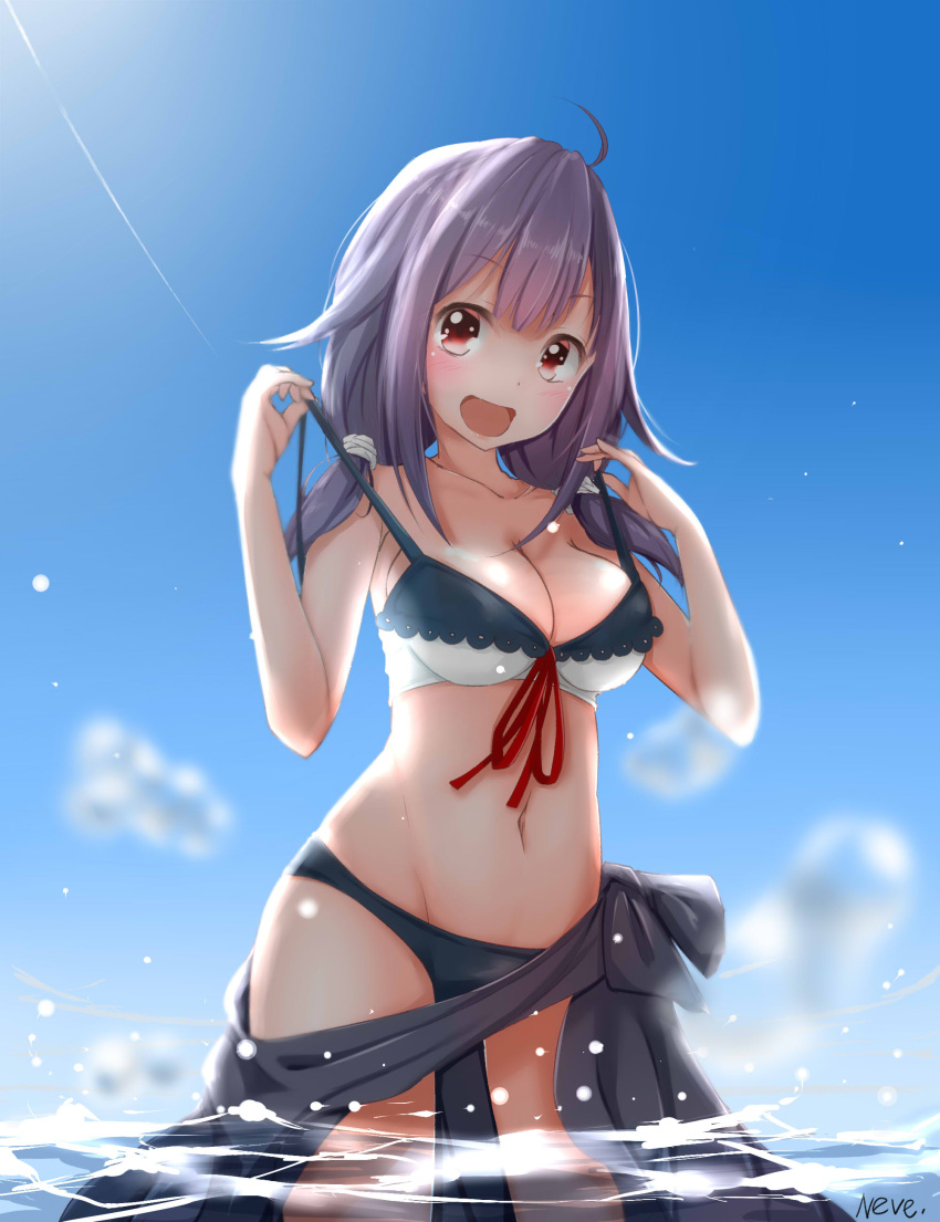 1girl :d absurdres ahoge bikini blue_sky blush breasts brown_eyes cleavage cowboy_shot day eyebrows_visible_through_hair groin highres kantai_collection long_hair medium_breasts navel neve open_mouth outdoors purple_hair red_ribbon ribbon sarong sideboob signature sky smile solo standing sunlight swimsuit taigei_(kantai_collection) untied untied_bikini wading water