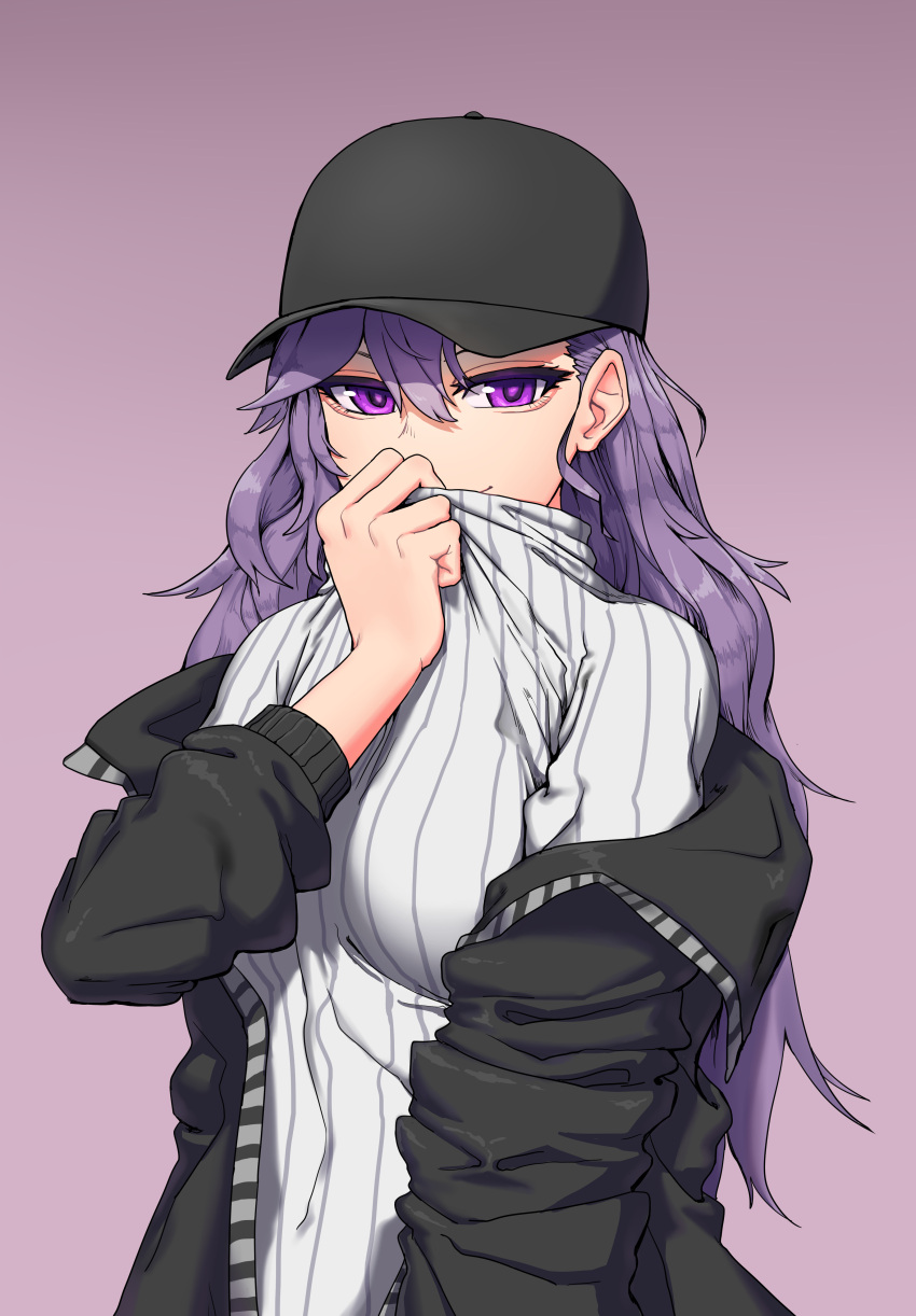 1girl absurdres bags_under_eyes bangs banned_artist baseball_cap black_hat black_jacket breasts closed_mouth commission covering_mouth dungbae hair_between_eyes hat highres jacket long_hair long_sleeves looking_at_viewer medium_breasts open_clothes open_jacket original purple_background purple_hair simple_background smile solo sweater tsurime turtleneck turtleneck_sweater violet_eyes