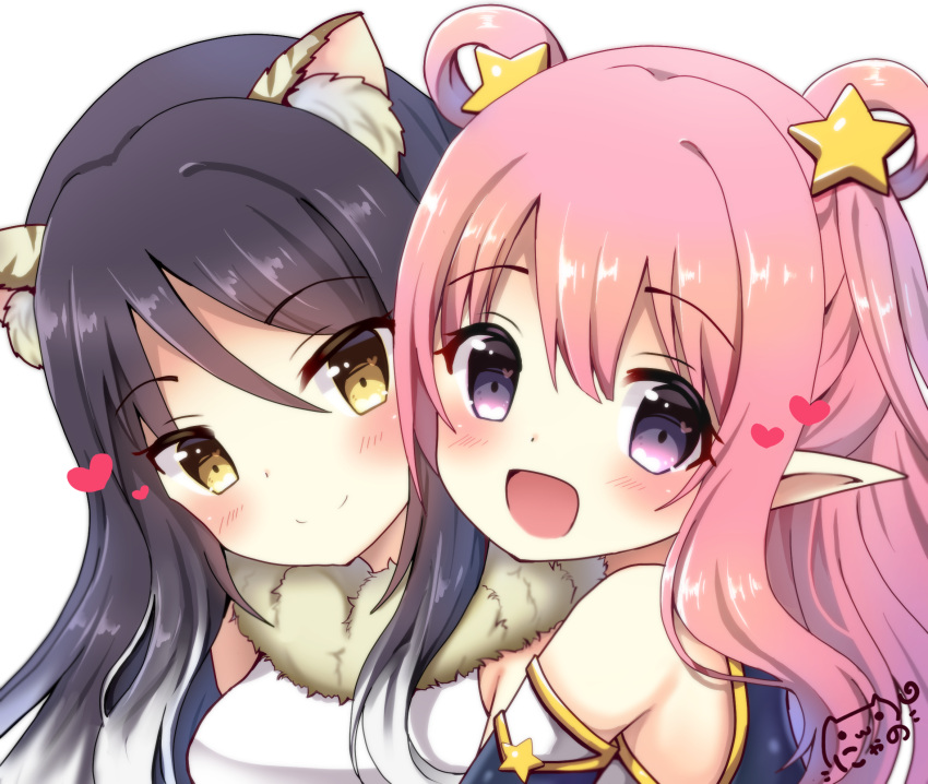 2girls :d animal_ears bangs bare_shoulders black_hair blush brown_eyes character_request closed_eyes closed_mouth commentary_request fur_collar hair_between_eyes hair_rings head_tilt heart highres looking_at_viewer looking_to_the_side multiple_girls nyano21 open_mouth pink_hair pointy_ears princess_connect! shirt signature simple_background sleeveless sleeveless_shirt smile star violet_eyes white_background