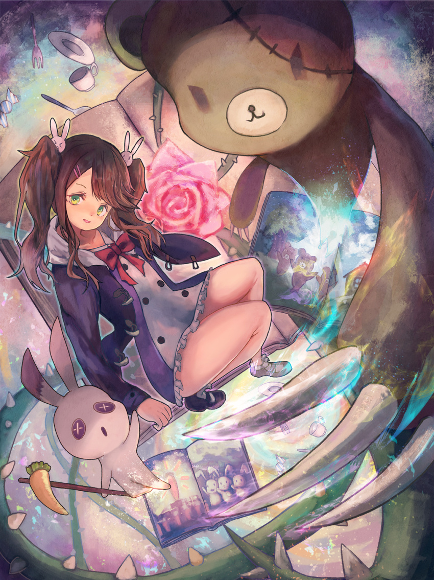 1girl bad_perspective black_footwear book bunny_hair_ornament flower green_eyes hair_ornament hairclip highres looking_at_viewer open_book original picture_book rose shin_murasame solo spoon stuffed_animal stuffed_bunny stuffed_toy teddy_bear thorns twintails wrapped_candy