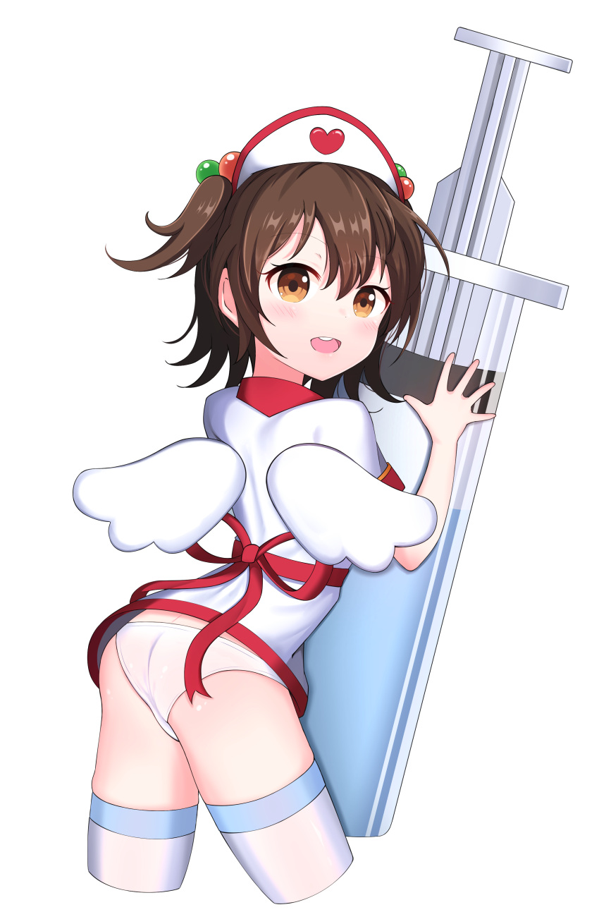1girl :d absurdres akagi_miria ass bangs blush brown_eyes brown_hair cowboy_shot cropped_legs dress eyebrows_visible_through_hair hair_between_eyes hair_bobbles hair_ornament hat heart highres idolmaster idolmaster_cinderella_girls large_syringe looking_at_viewer looking_to_the_side nurse nurse_cap open_mouth oversized_object panties red_ribbon ribbon simple_background smile solo starfox1015 syringe thigh-highs two_side_up underwear upper_teeth white_background white_dress white_hat white_legwear white_panties white_wings wings