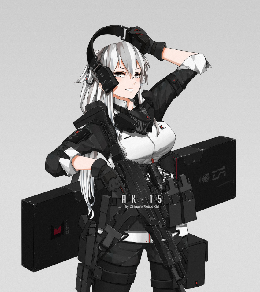 1girl ak-15 arm_strap artist_name assault_rifle chinese_robot_kid commentary_request ear_protection emblem gas_mask gloves grey_background grey_eyes gun gun_case handgun highres holster legwear_under_shorts load_bearing_vest long_hair magazine_(weapon) original painttool_sai pantyhose patch pistol rifle shorts simple_background sleeves_rolled_up thigh_holster thigh_strap trigger_discipline weapon white_hair