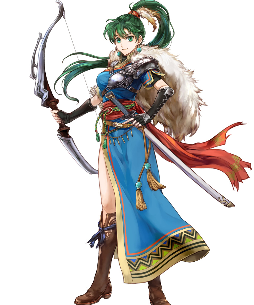 1girl aqua_eyes armor arrow bangs belt boots bow_(weapon) breasts brown_footwear cape closed_mouth earrings elbow_gloves feathers fingerless_gloves fire_emblem fire_emblem:_rekka_no_ken fire_emblem_heroes full_body fur_trim gloves green_hair hair_ornament high_ponytail highres holding holding_bow_(weapon) holding_weapon jewelry knee_boots long_hair looking_at_viewer lyndis_(fire_emblem) medium_breasts official_art ponytail quiver sheath sheathed short_sleeves side_slit smile solo standing sword transparent_background wada_sachiko weapon