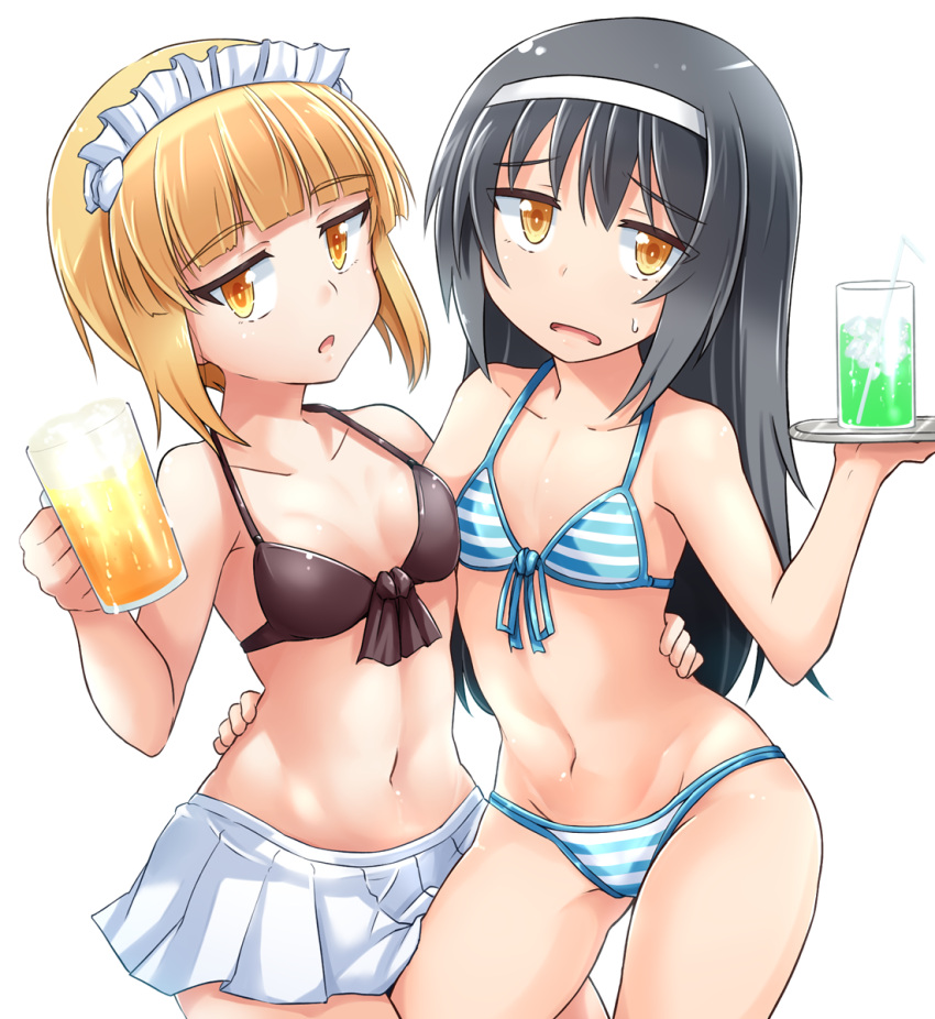 alcohol bangs beer beer_mug bikini black_bikini_top black_hair blonde_hair blue_bikini breasts brown_eyes collarbone condensation cowboy_shot cutlass_(girls_und_panzer) drinking_straw eyebrows_visible_through_hair front-tie_bikini front-tie_top frown girls_und_panzer glass hairband highres holding kitayama_miuki long_hair looking_at_viewer maid_headdress miniskirt navel open_mouth pleated_skirt reizei_mako short_hair simple_background skirt small_breasts standing straddling sweatdrop swimsuit tray white_background white_hairband white_skirt yellow_eyes