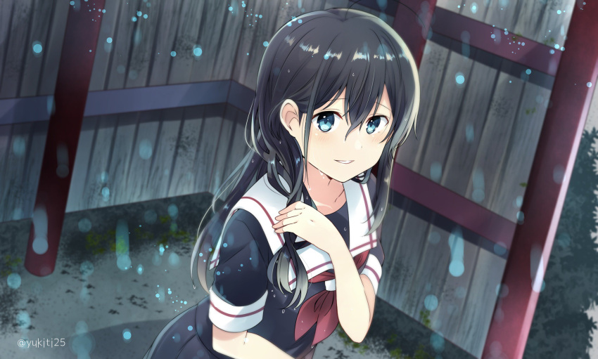 1girl ahoge bangs black_hair black_skirt blue_eyes blush collarbone hair_between_eyes hair_down hair_ornament hair_over_shoulder highres holding holding_hair kantai_collection long_hair neckerchief open_mouth pleated_skirt red_neckwear remodel_(kantai_collection) sailor_collar school_uniform serafuku shigure_(kantai_collection) short_sleeves sidelocks skirt smile twitter_username untied water_drop wet wet_clothes wet_hair yukichi_(eikichi)