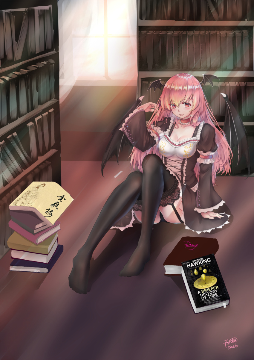 1girl alternate_costume arm_garter bat_wings black_panties book_stack bookshelf breasts choker cleavage curtains dated day dress eyebrows_visible_through_hair forth_(forthtin) garter_straps hair_between_eyes hand_in_hair head_wings highres indoors juliet_sleeves knees_together_feet_apart knees_up koakuma lace-trimmed_legwear lace_choker layered_dress library light_rays long_sleeves looking_at_viewer medium_breasts on_floor panties parted_lips pink_hair puffy_sleeves red_choker red_eyes shiny shiny_hair signature sitting solo sunbeam sunlight thigh-highs touhou underwear window wings