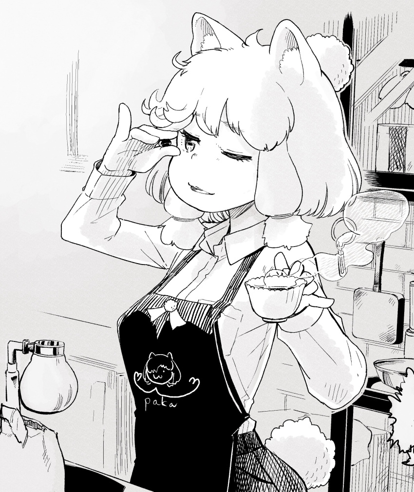 1girl :3 absurdres alpaca_ears alpaca_suri_(kemono_friends) alpaca_tail alternate_costume apron blonde_hair breast_pocket coffee coffee_beans collared_shirt commentary_request cup greyscale hair_over_one_eye hair_tubes hare_(tetterutei) highres kemono_friends long_sleeves monochrome one-piece_tan open_mouth pocket shirt short_hair solo steam tan tanline teacup