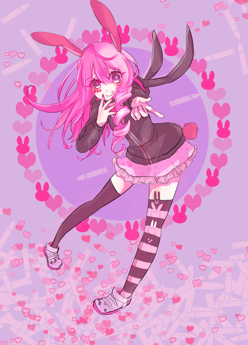 #compass 1girl :q absurdres animal_ears animal_hood animal_print black_hoodie black_legwear blush brown_eyes bullet bunny_girl bunny_hood bunny_print bunny_tail character_request closed_mouth commentary_request facial_mark fingernails frilled_skirt frills heart heart-shaped_pupils heart_print highres hood hood_down hoodie index_finger_raised long_hair mirinnn_x mismatched_legwear nail_polish outstretched_arm pink_hair pink_nails pink_skirt print_legwear print_skirt rabbit_ears shoes skirt smile solo standing striped striped_legwear symbol-shaped_pupils tail thigh-highs tongue tongue_out very_long_hair white_footwear