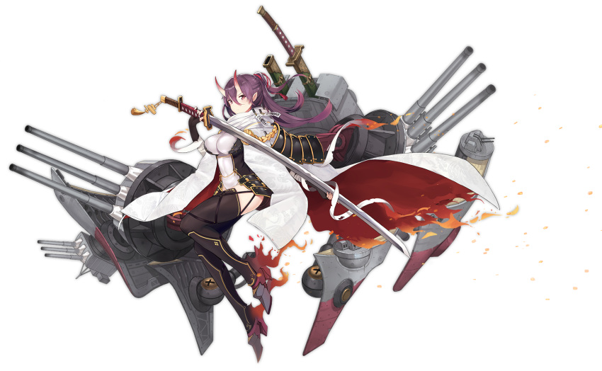 1girl aiguillette armor artist_request azur_lane bandage bandaged_arm bangs black_armor black_gloves black_legwear breasts cape closed_mouth covered_navel fingerless_gloves full_body gloves grey_footwear hair_between_eyes high_heels high_ponytail highres horns izumo_(azur_lane) japanese_armor katana large_breasts leotard long_hair machinery official_art ofuda oni_horns pink_eyes pointy_ears ponytail purple_hair sheath sheathed shoes simple_background solo sword tachi-e tassel thigh-highs torn_cape torn_clothes transparent_background turret weapon white_cape white_leotard world_of_warships zettai_ryouiki