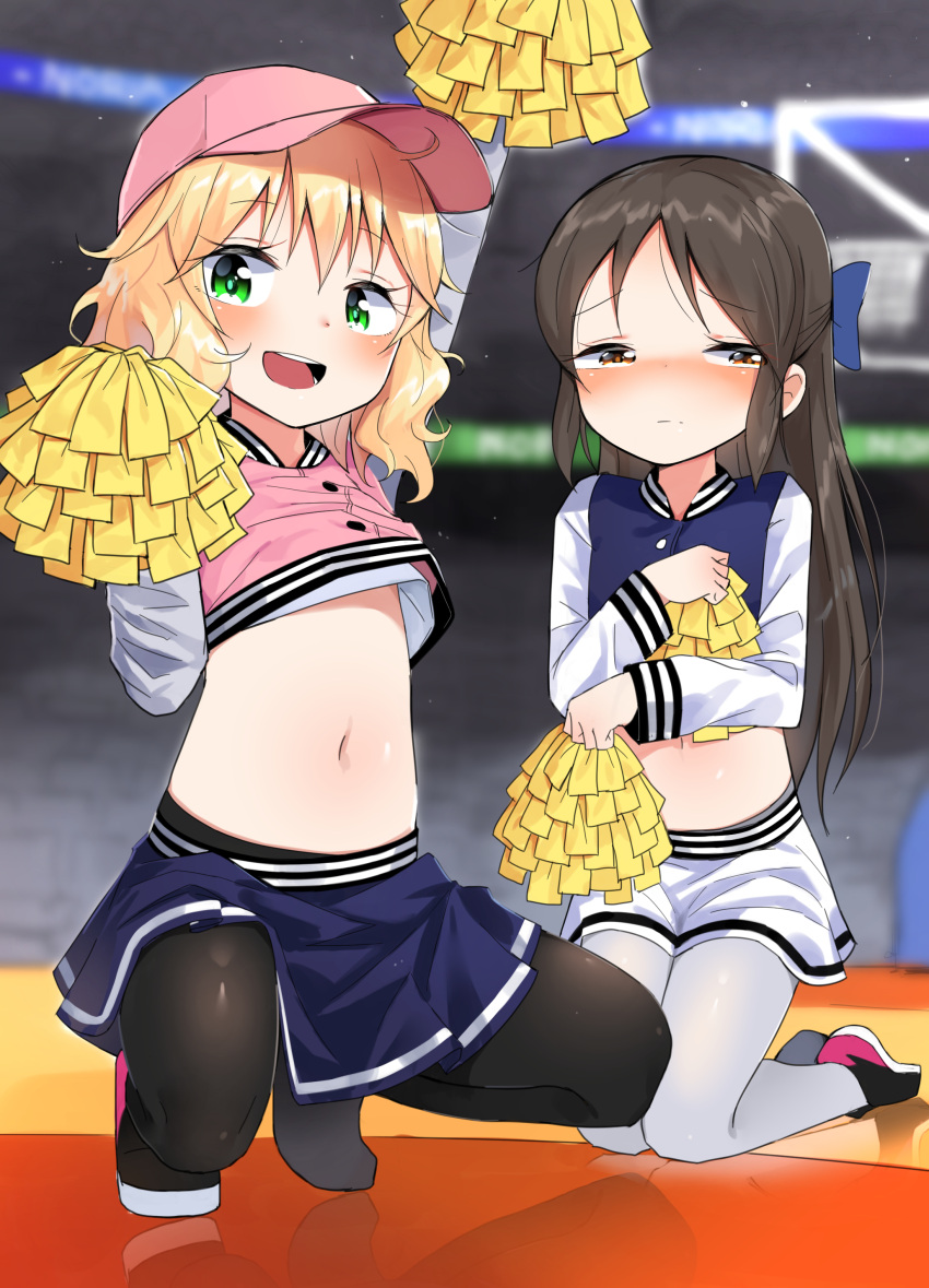 2girls absurdres arm_up black_legwear blonde_hair blue_shirt blue_skirt blush bow brown_eyes brown_hair cheerleader covering covering_chest crop_top embarrassed green_eyes hair_bow hat highres idolmaster idolmaster_cinderella_girls kneeling long_hair midriff multiple_girls navel noria open_mouth pantyhose pink_shirt pom_poms ribbon sakurai_momoka shirt shoes short_hair skirt smile spread_legs squatting stadium tachibana_arisu white_legwear white_skirt