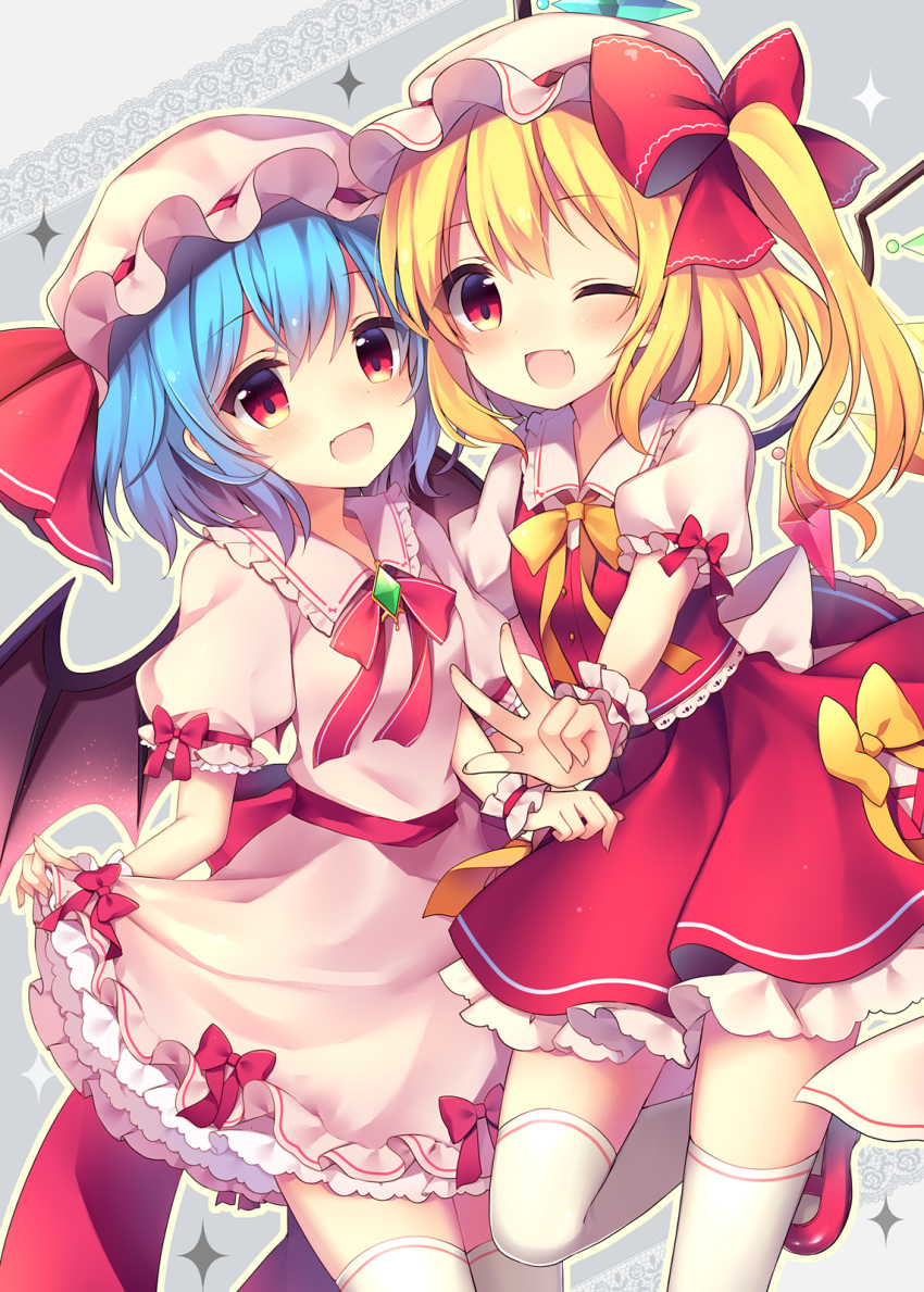 2girls :d bat_wings blonde_hair blue_hair blush bow commentary_request crystal dress dress_lift eyebrows_visible_through_hair feet_out_of_frame flandre_scarlet frilled_shirt_collar frills grey_background hat hat_bow hat_ribbon highres lifted_by_self looking_at_viewer mary_janes mob_cap multiple_girls neck_ribbon one_eye_closed open_mouth petticoat pink_dress pink_hat puffy_short_sleeves puffy_sleeves red_bow red_eyes red_footwear red_neckwear red_ribbon red_sash red_skirt red_vest remilia_scarlet ribbon ruhika shoes short_hair short_sleeves siblings sisters skirt smile standing standing_on_one_leg thigh-highs touhou v vest white_hat white_legwear wings wrist_cuffs yellow_bow yellow_neckwear yellow_outline yellow_ribbon zettai_ryouiki